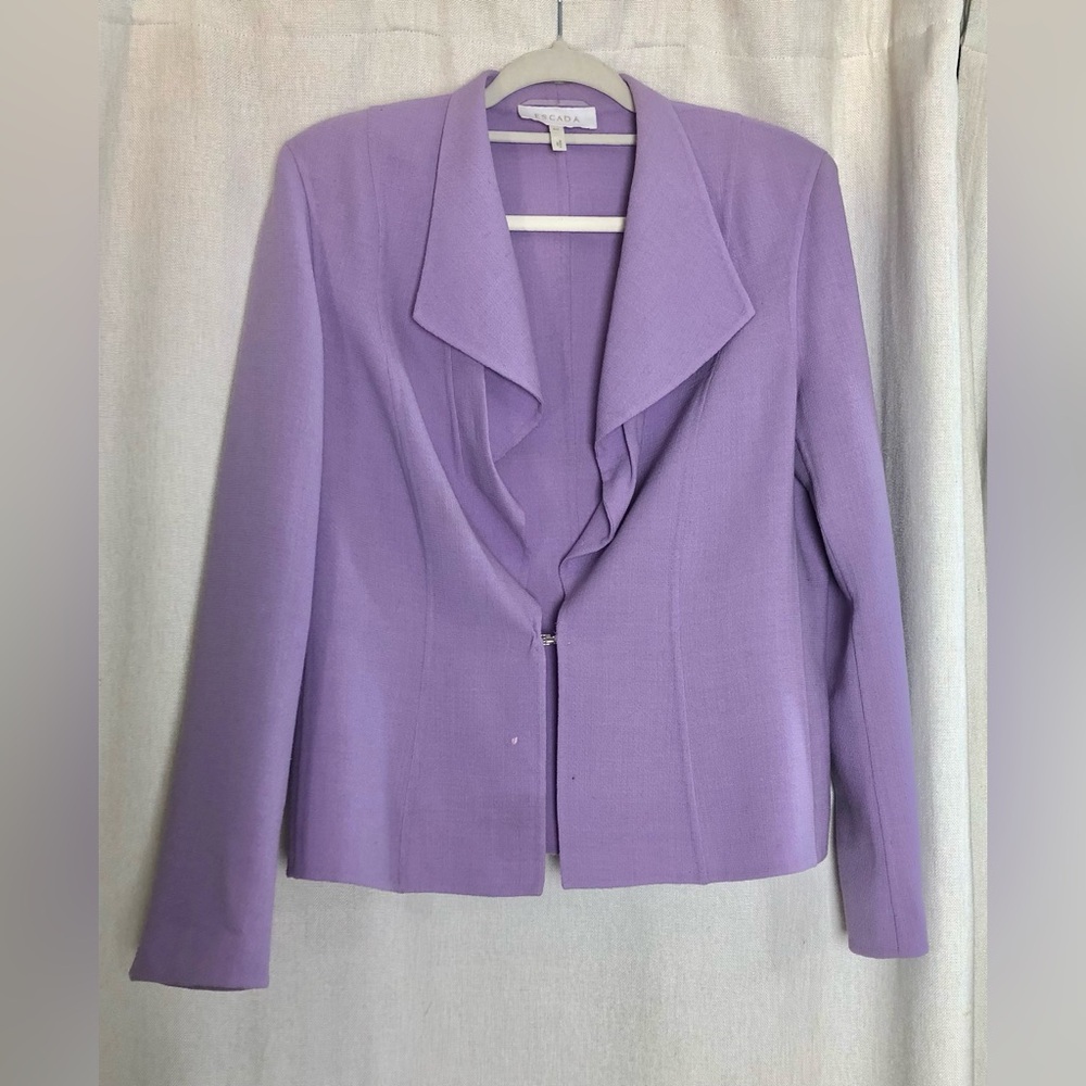 Escada Blazer Lilac Lavender Wool Rayon Jacket Open Front Career US Medium 40